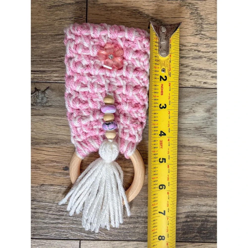 Crochet Handmade Kitchen Dish Towel Holder Pink with Button Wood Ring